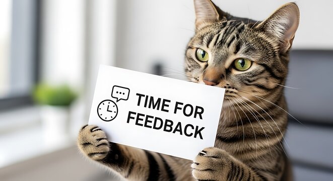 Cat holding a sign that says Time for Feedback.