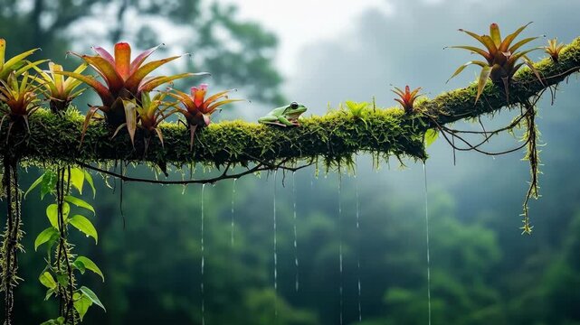 Lush Green Tropical Rainforest Scene with Colorful Bromeliads and Dewdrops on Branch