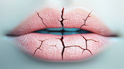 Cracked dry lips with visible texture and detail, need for hydration and care. image evokes sense of urgency for lip treatment and moisture restoration