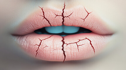 Cracked dry lips with visible fissures, highlighting texture and detail. image evokes sense of vulnerability and need for care
