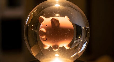 Piggy bank floating inside a transparent glass sphere filled with glowing light.