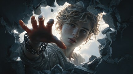 A woman, trapped in chains, reaches toward a hand seemingly emerging from shattered glass, symbolizing the struggle to break free from oppression and violence. The powerful image conveys hope, strengt