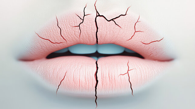 Cracked dry lips with visible fissures, highlighting texture and color. image evokes sense of vulnerability and need for care
