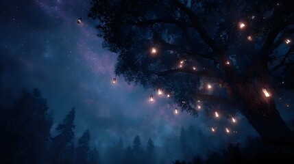 A majestic ancient tree adorned with glowing lanterns illuminates a magical night forest under a starry sky