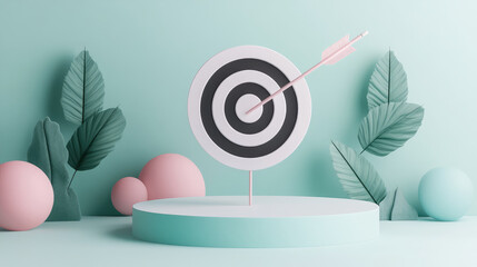 modern target with arrow, surrounded by pastel colored spheres and tropical leaves, creates playful and vibrant scene. design emphasizes focus and achievement