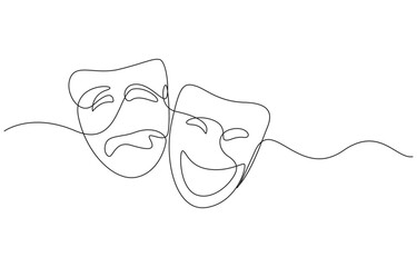 Theater mask tragedy and humor one line continuous line art. Character mask sketch.
