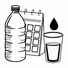 Hydration Tracker Vector Icon: Water Bottle, Calendar, and Glass of Water Line Art
