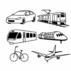 Transportation Vector Icon Set: Car, Train, Subway, Bicycle, and Airplane Outline