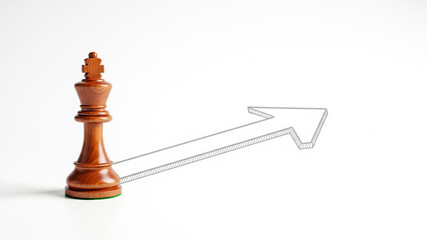 Strategic Vision: Wooden Chess King Casting a Shadow of an Upward Growth Arrow