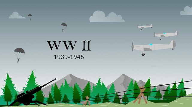 World war 2 battlefield 1939-1945, army weapons, border defence animation, military aircraft and parachute troops