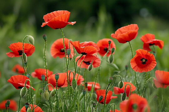 Vibrant red poppies bloom beautifully in a sunlit meadow, creating a picturesque natural scene.