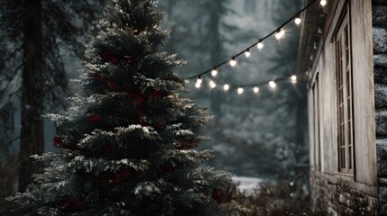 A snow covered Christmas tree adorned with ornaments and fairy lights is set against a rustic building in a winter forest