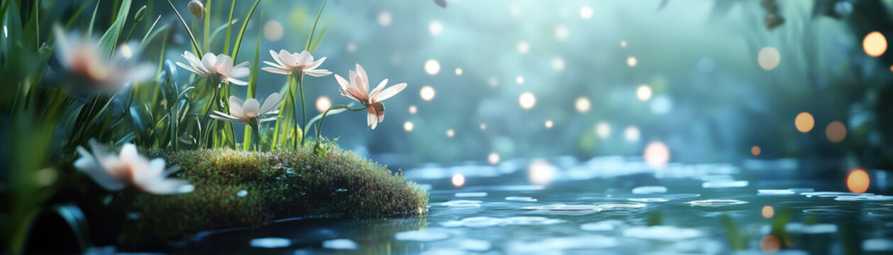 mystical garden scene featuring delicate flowers by water body, illuminated by soft, glowing lights. enchanting invites ity and wonder