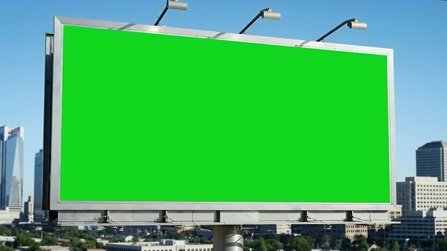 Large Outdoor Green Screen Billboard Mockup Against Modern City Skyline with Blue Sky for Advertising and Promotion