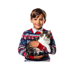 Boy in Christmas Sweater Holding Cat Isolated on Transparent Background PNG