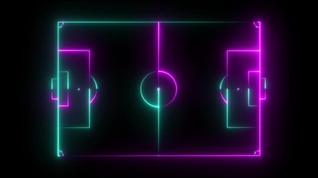 Multi-Use Playfield aerial ,neon light Aerial view of a multi-use playfield with soccer and lacrosse. Top view. black background 4k video .