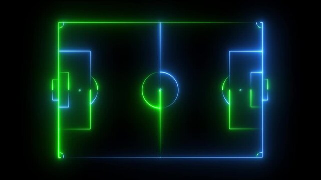 Multi-Use Playfield aerial ,neon light Aerial view of a multi-use playfield with soccer and lacrosse. Top view. black background 4k video .