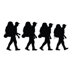 Group silhouette of hikers with backpacks walking in a line outdoor adventure travel silhouette