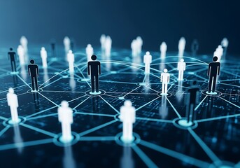 Abstract network of connected people figures in a digital space, symbolizing global connection, social media, and teamwork