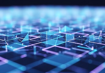 Abstract digital network grid with glowing blue and purple lines and nodes, representing technology and data flow