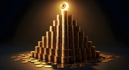 Pyramid made of golden coins with a glowing eye on top.