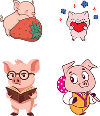Adorable Cartoon Pig Character Bundle with Different Poses and Roles