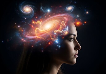 Profile of a woman with a galaxy and stars forming in her head, representing imagination, creativity, and cosmic consciousness