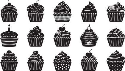 Cupcake black silhouette set flat vector illustration icon collections