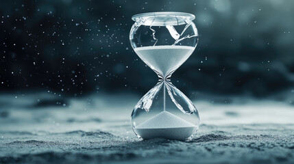 cracked hourglass filled with sand, symbolizing passage of time and fragility. scene captures moment of ion, with grains of sand suspended in air