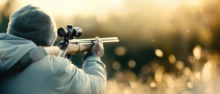 person aiming rifle at shooting range, surrounded by nature, with soft golden light illuminating scene. focus is on shooter and rifle, creating sense of concentration and anticipation