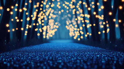 magical forest path illuminated by glowing lights creates whimsical . enchanting scene invites exploration and wonder, with shimmering blue ground and soft bokeh effects