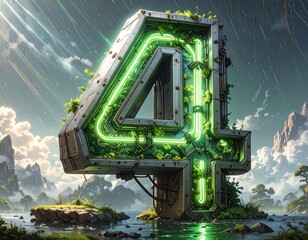 Futuristic number four, floating over a landscape