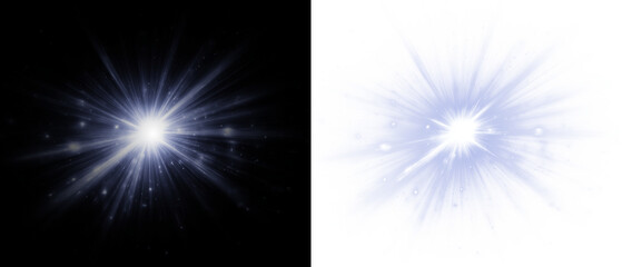 A vibrant explosion with glowing rays, sparkling highlights, and realistic light flashes on a transparent PNG background. Purple glow and radiant beam effect.