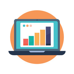 Laptop displaying a colorful bar graph with increasing data on a bright orange circular background