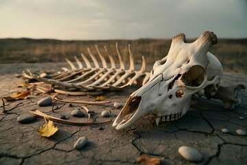 Desert Landscape with Sun Bleached Animal Skeleton Lying on Cracked Earth, ai-generated