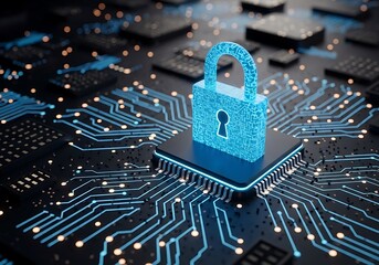Closeup of a glowing blue padlock on a computer chip, symbolizing digital security and data protection