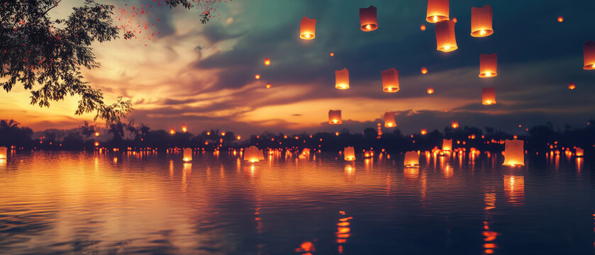 Ethereal floating lanterns illuminate lake at sunset, creating magical ambiance. vibrant colors of sky on water, enhancing enchanting scene