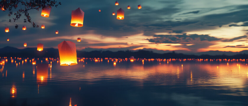 Ethereal floating lanterns illuminate lake at dusk, creating magical ambiance. warm glow s on water, enhancing enchanting evening scene