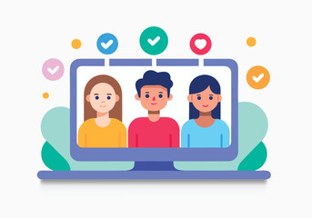Diverse group of people connected online through a laptop screen with social media icons