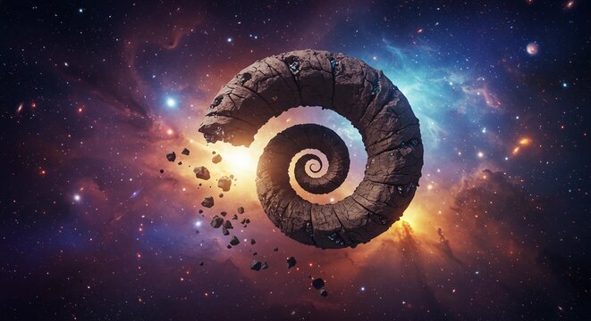 Spiral Stone Structure in Space with Light and Nebula