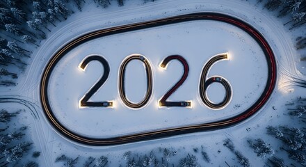 Drive into 2026 with sleek cars tracing the year in light trails on a snowy road, perfect for new year greetings and automotive promotions, a vibrant symbol of the future