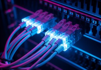 Closeup of glowing blue and pink ethernet cables plugged into a network switch in a dark server room, symbolizing data transfer and connectivity