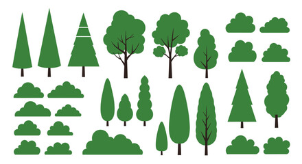 A collection of various green trees and bushes for landscaping projects.