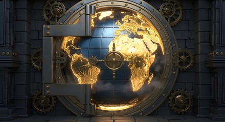 Vault door shaped like a globe with continents glowing in gold.
