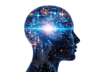 Profile silhouette of a human head filled with glowing digital circuits and abstract light patterns, representing artificial intelligence and the human brain