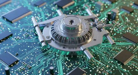 Vault lock in the center of a glowing circuit board.