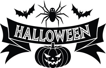 Halloween vector art of halloween themed illustration showcasing a grinning pumpkin, a spider, and a larger spider, all above a banner with the word halloween in a dripping font	

