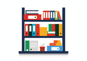 Flat design illustration of a bookcase filled with folders binders and books on white background