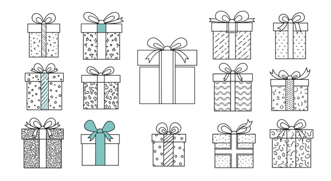 A collection of hand drawn gift boxes with bows.