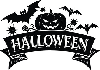 Halloween vector art of halloween themed illustration showcasing a grinning pumpkin, a spider, and a larger spider, all above a banner with the word halloween in a dripping font	
